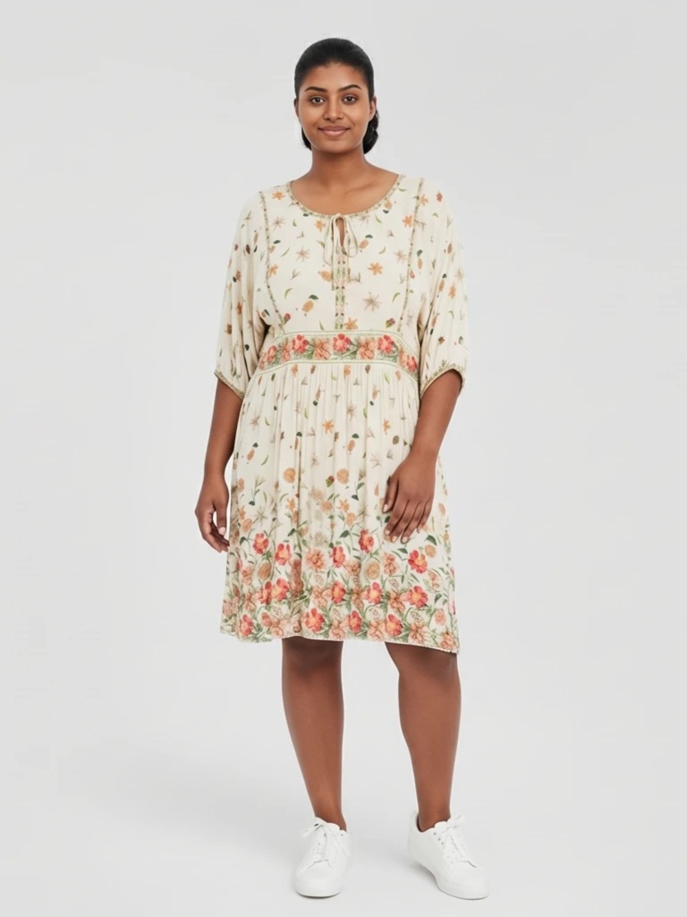 Fall Boho Cottagecore NWT Cream Floral Midi Dress with Orange & Green Accents